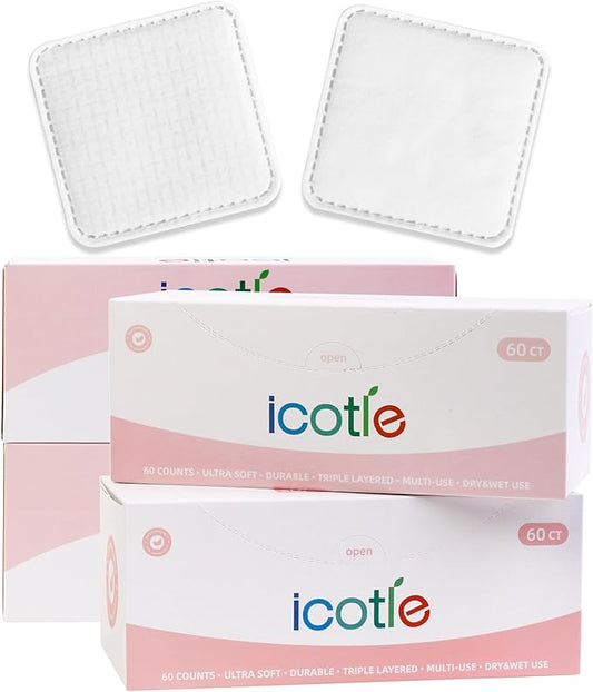 Square Cotton Pads 240 Count, Triple-Layer Design, Lint-Free & Durable, Dual-Sided Textured and Soft Pads for Makeup Removal, Facial Cleansing, Toner & Daily Skin Care
