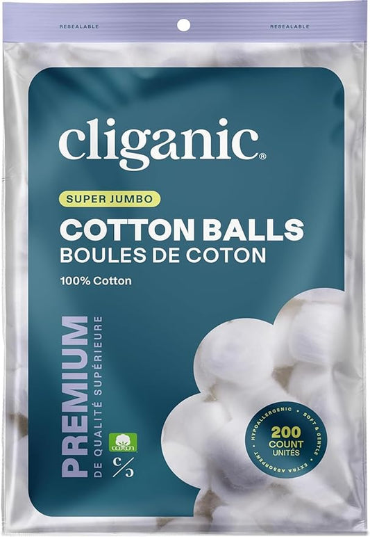 Cliganic Super Jumbo Cotton Balls (200 Count) - Hypoallergenic, Absorbent, Large Size, 100% Pure