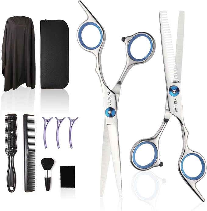 Haircut Scissors Kit, 11 Pcs Professional Set - Haircut, Thinning Scissors, Neck Duster Brush, Comb, Barber Cape, Hair Clips, Hairdressing Shears for Barber and Home