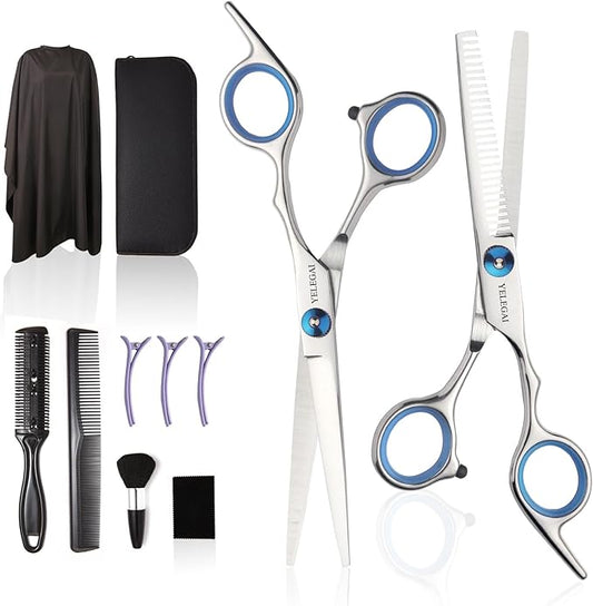 Haircut Scissors Kit, 11 Pcs Professional Set - Haircut, Thinning Scissors, Neck Duster Brush, Comb, Barber Cape, Hair Clips, Hairdressing Shears for Barber and Home