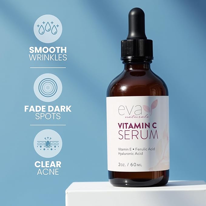 Eva Naturals Vitamin C Serum for Face - 20% Vit C with Hyaluronic Acid, Ferulic Acid & Vitamin E - Facial Serum for Dark Spots, Acne, Anti Aging, Glow & Even Skin Tone, 2 Fl Oz