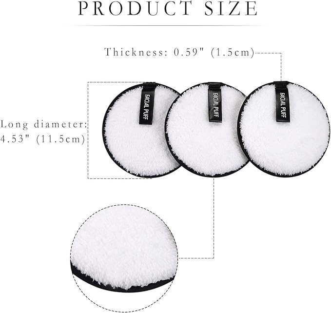 Vtrem 3 PCs Makeup Remover Pads Reusable Soft Facial Cleaning Puffs Towels Christmas Gifts Double-Side Washable Make Up Removing Cloth Microfiber Multi-Function, White