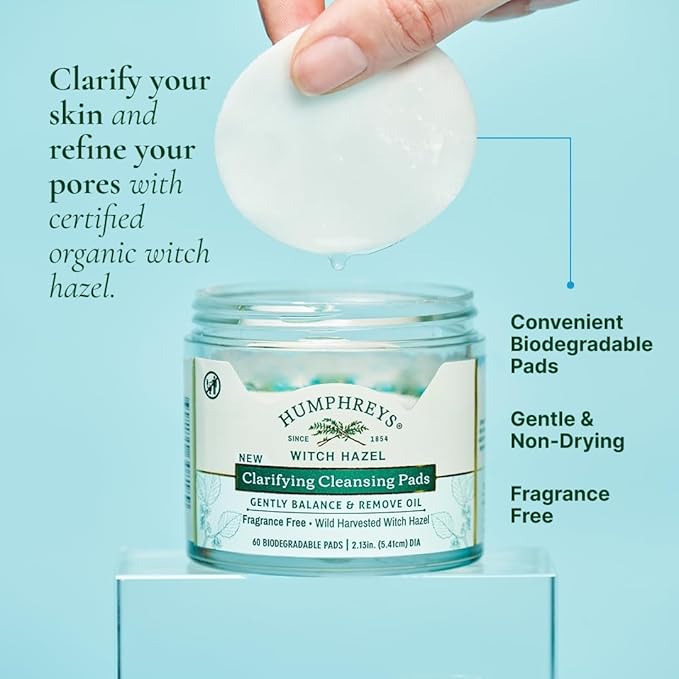 Humphreys Witch Hazel Clarifying Cleansing Pads | Wild Harvested Witch Hazel | Natural, Fragrance-Free Formula | Removes Oil & Impurities | 60 Rounds