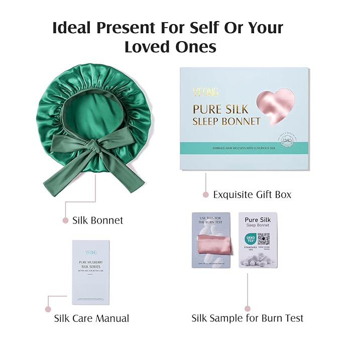 YFONG 100% 22 Momme Mulberry Silk Bonnet for Sleeping Women, Larger Double Layer Silk Hair Wrap for Curly Short Long Hair, Non-Slip Sleep Cap Turban with Elastic Tie Band for Hair Care, Green