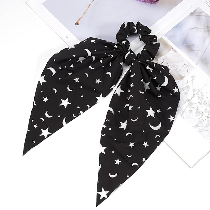 Moon Star Hair Ties for Women Girls Spooky Halloween Hair Scrunchies Black White Hair Tie Ribbon Hair Bows Halloween Party Gifts Hair Accessories