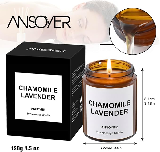 Massage Oil Candle, Romantic Gift SPA Use Home Scented Candle Body Oil, Ultra Hydrating Body Care with Soybean Oil, 4.5oz (Chamomile Lavender)