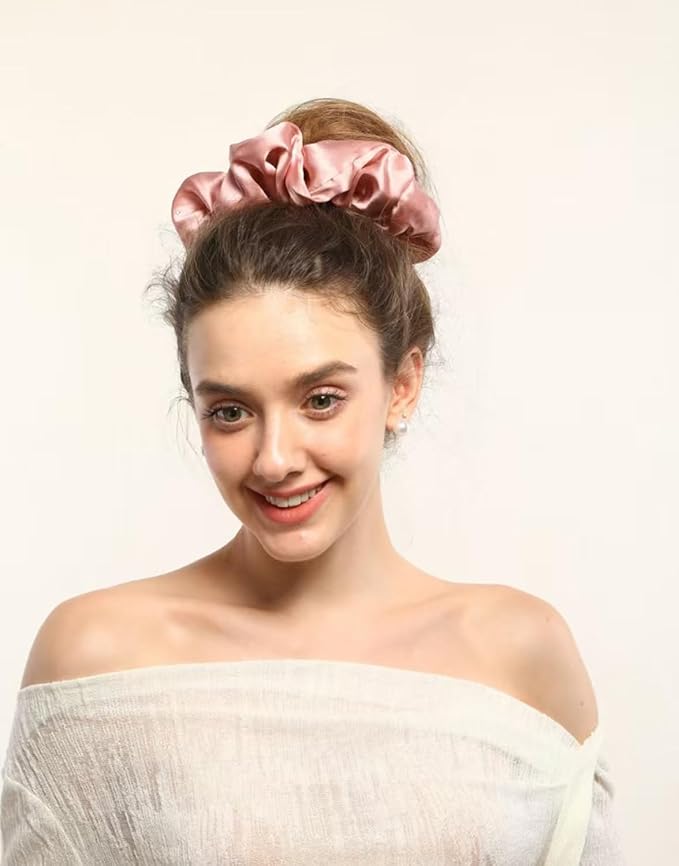 100% Mulberry Silk Scrunchies for Women Ponytail Holders – Plus Rhinestone-Embellished Design for Curly, No Damage Hair Ties for Curly, Thick, and Thin - Hair Accessories for Women(Champagne Pink)