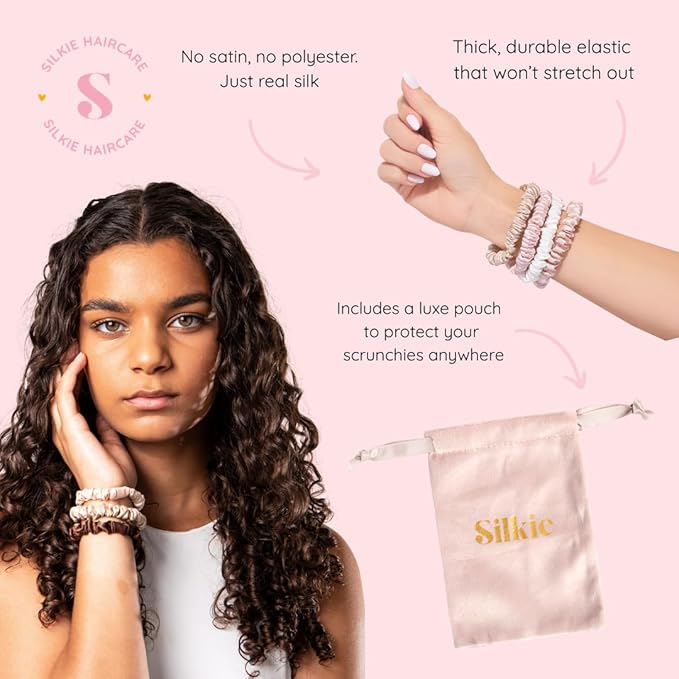 SILKIE x4 Set - Forget Satin - 100% Pure Mulberry Silk Black Brown Skinny Scrunchies Travel Pouch Everyday Hair Ties Elastics Hair Care Ponytail Holder No Damage (Chocolate)