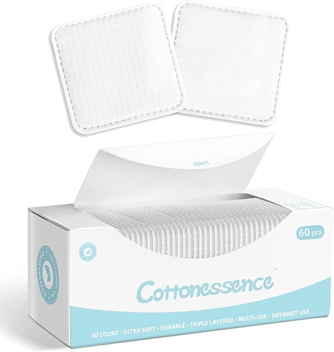 Premium Exfoliating Cotton Pads (60 Count) - 100% Cotton, Extra-Soft and Lint-Free, Durable Squares for Facial, Lip, and Eye Makeup Removal