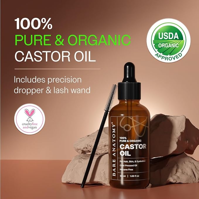Bare Anatomy 100% Pure & Organic Castor Oil –Cold Pressed, Unrefined, USDA Certified, Hexane-Free | For Hair Growth, Thicker Eyelashes & Eyebrows| Suitable for Body, Skin & Nails | 50 ml
