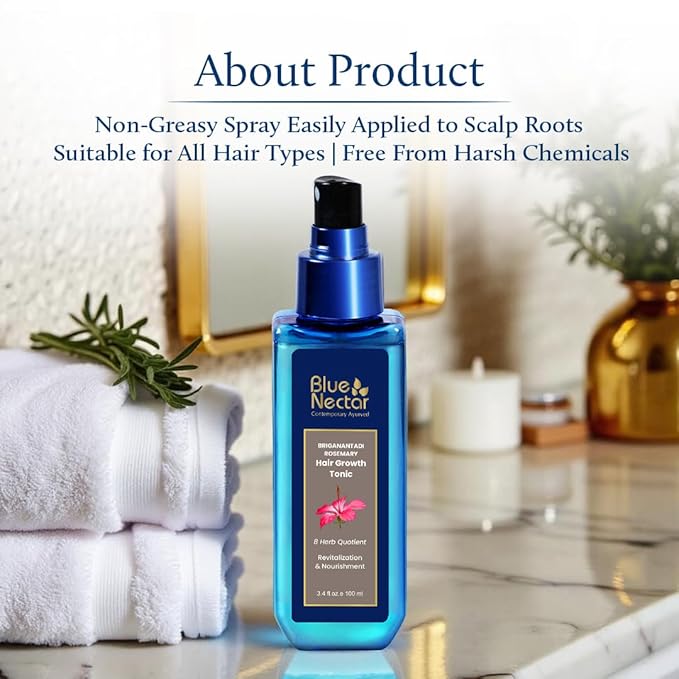 Blue Nectar Hair Growth Serum with Rosemary Oil for Hair Growth | Ayurvedic Hair Tonic Spray (8 Herbs, 3.38 Fl Oz)
