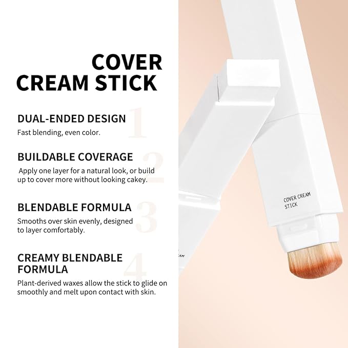 AKARY Cover Cream Stick, Color Changing Foundation Stick, Moisturizing Skin Matching Cover Cream with Medium to Full Coverage Dewy Finish Base Makeup, Dual-Ended with SoftBrush, #4 Medium