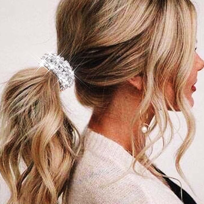 Fashey Rhinestone Hair Ties Silver Elastic Ponytail Holders 3 Pcs Crystal Hair Scrunchies Hair Accessories for Women