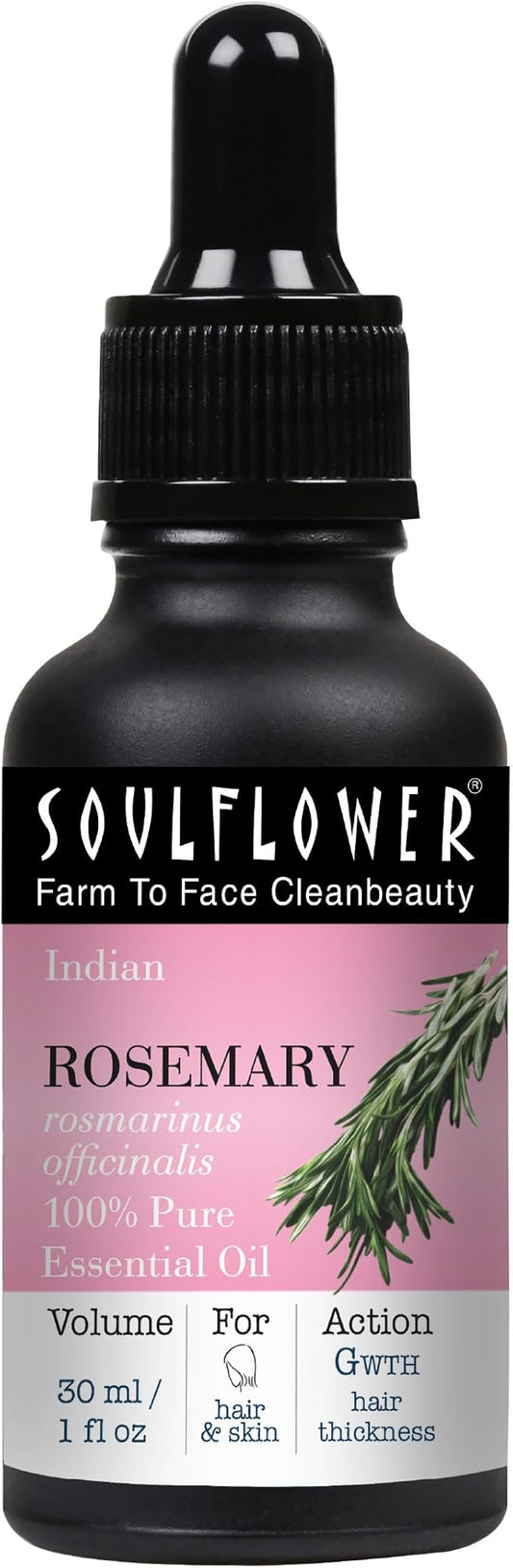 Soulflower 100% Pure Rosemary Oil for Hair Growth, Hair Fall Control, Strengthening, Volumising Hair Oil for All Types | Organic Certified (1 fl oz)