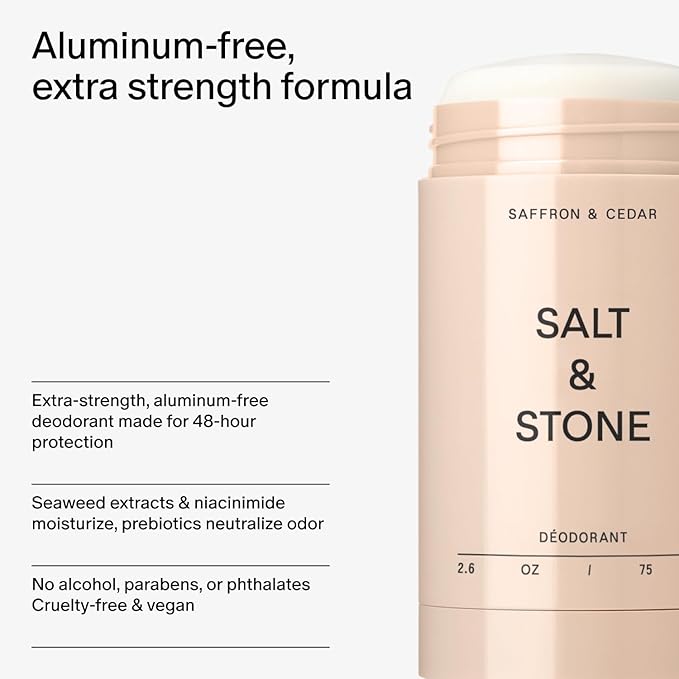 SALT & STONE Aluminum Free Deodorant | Extra Strength 48 Hour Protection for Women & Men | Made with Seaweed Extracts, Shea Butter & Prebiotics (Saffron & Cedar)