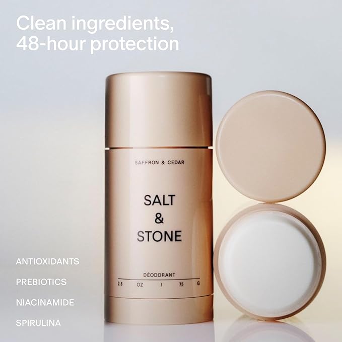 SALT & STONE Aluminum Free Deodorant | Extra Strength 48 Hour Protection for Women & Men | Made with Seaweed Extracts, Shea Butter & Prebiotics (Saffron & Cedar)