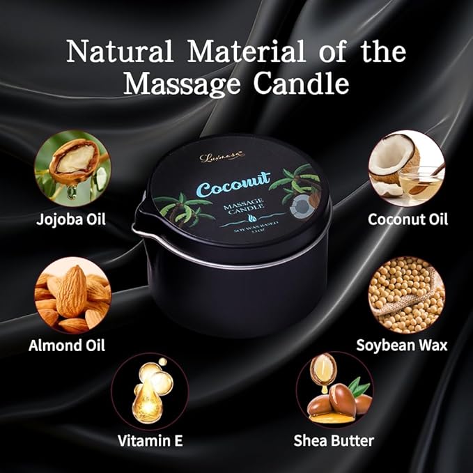 Massage Oil Candle 3 Pack,Coconut Oil Based-Daily Moisturizing Body Oil Relaxing-Natural Therapy Oil Scented Candle-6.9OZ (Coconut, Tobacco Vanilla, Thyme & White Tea)