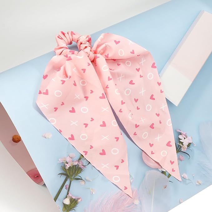 Valentine's Day Hair Ties XOXO Pink Heart Hair Scrunchies for Women Girls Elastic Love Hair Tie Ribbon Valentine's Day Hair Bows Hair Accessories Gifts