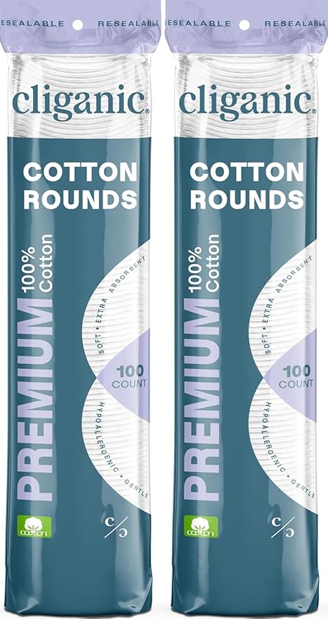 Cliganic Premium Cotton Rounds for Face (200 Count) | Makeup Remover Pads, Hypoallergenic, Lint-Free | 100% Pure Cotton (Packaging May Vary)