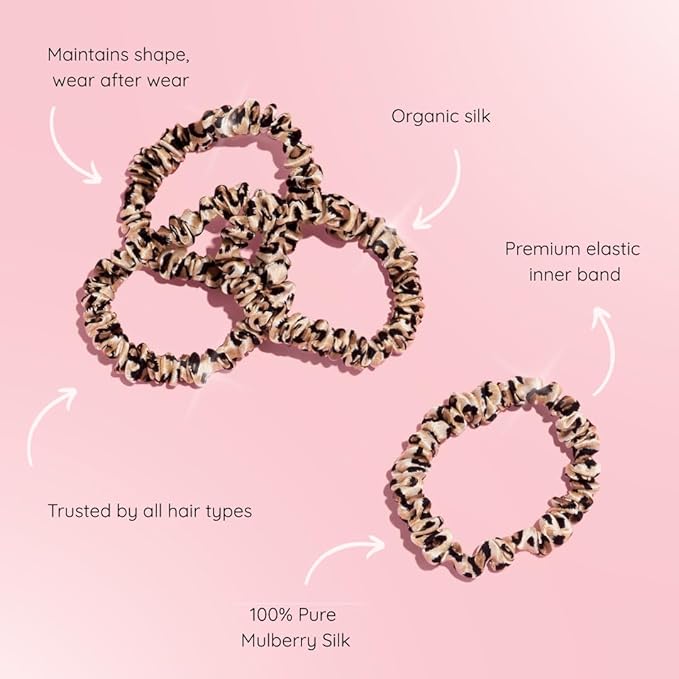 SILKIE x4 Set - Forget Satin - 100% Pure Mulberry Silk Black Brown Leopard Skinny Scrunchies Travel Pouch Everyday Hair Ties Elastics Hair Care Ponytail Holder No Damage (Savannah)