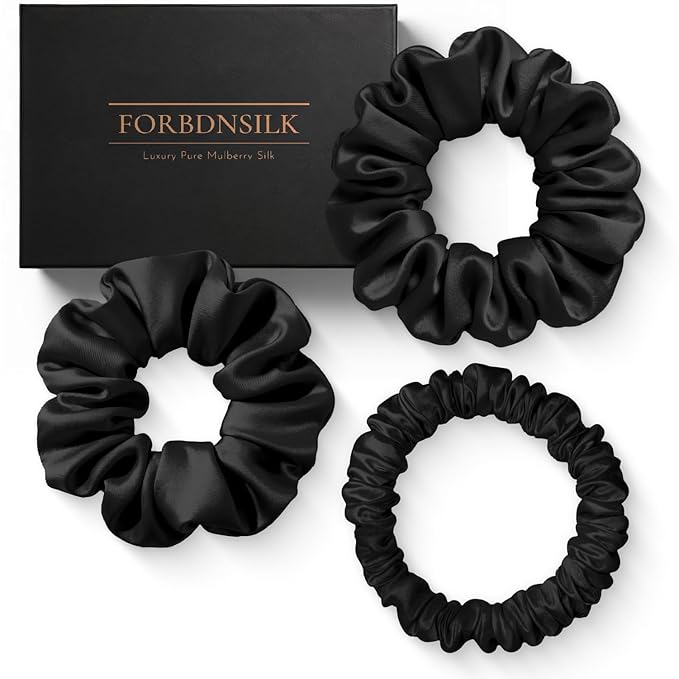 100% Pure 22 Momme Mulberry Silk Scrunchies (Set of 3) | Highest grade (6A) Luxury Hair Ties| (Black,White,Pink) | (Black, Standard/Small/Skinny)