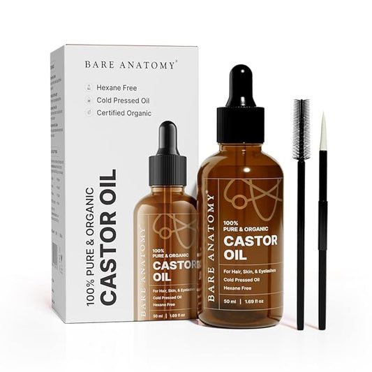 Bare Anatomy 100% Pure & Organic Castor Oil –Cold Pressed, Unrefined, USDA Certified, Hexane-Free | For Hair Growth, Thicker Eyelashes & Eyebrows| Suitable for Body, Skin & Nails | 50 ml