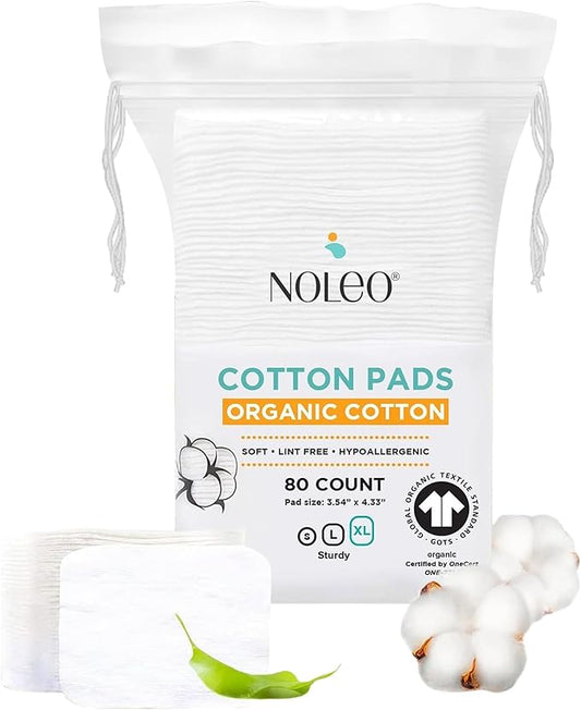 NOLEO Organic Cotton Pads, XL Extra-Large Pressed & Lint-Free Rounds, 3.54" × 4.33", Biodegradable & Compostable, 80-Count – Diaper Care & Makeup Remover