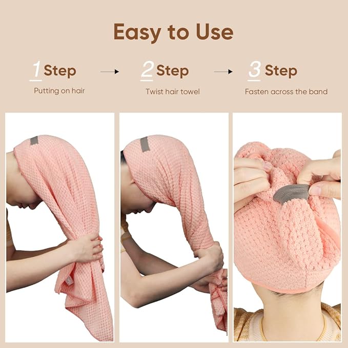 HOMEXCEL 5 Pack Microfiber Hair Towels - 40 x 20 inches Super Soft, Fast Drying Turbans for Long, Thick, Curly Hair - Anti Frizz Wrap with Elastic Strap