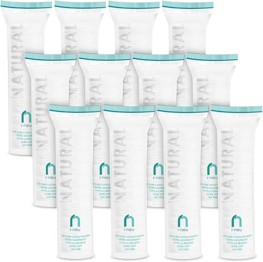 R-Neu Premium [Turkish] Cotton Rounds, 1200 Count, Stitched, Waffle Textured, 100% Pure & Natural Cotton Pads for Face, Hypoallergenic Makeup Remover (12 Pack of 100)