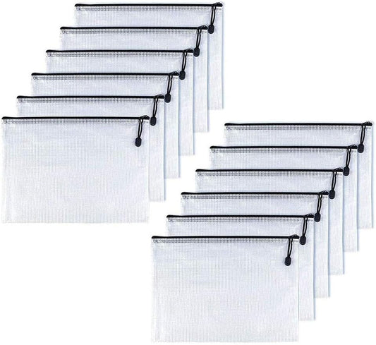 Oaimyy-A6(4.5"x 6.5",12 Pcs),Plastic Mesh Zipper Pouch Document Folders Bag Zip File Folders for School Office Supplies, Travel,Puzzles Games Organizing Storage-Black