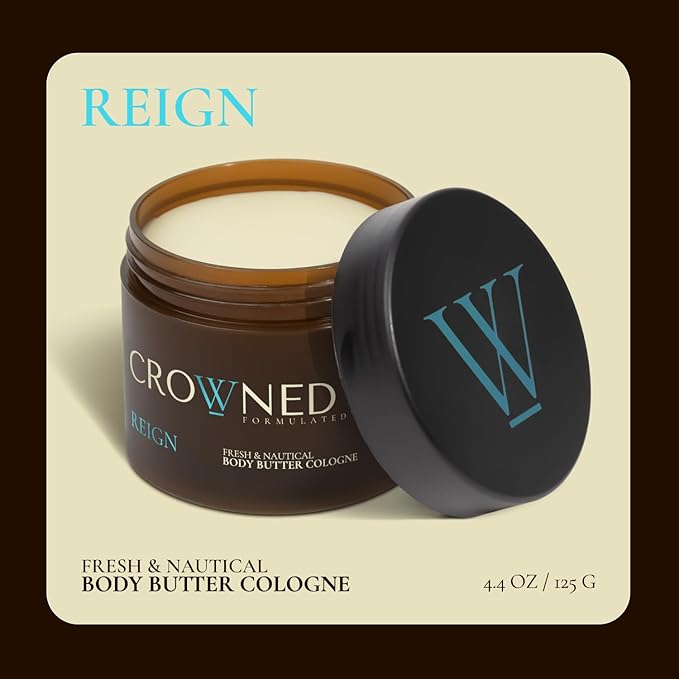 Crowned Skin Reign Body Butter Cologne for Men | Fresh & Nautical | Scented with Pink Pepper & Bergamot | Infused with Natural Shea & Mango Butters | Moisturizing with All-Day Fragrance | 4.4oz