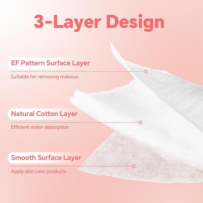 Square Cotton Pads,100% Cotton, Not to Shed or Fall Apart, 60 Count, Unique Triple-Layer Design for Daily Skin Care