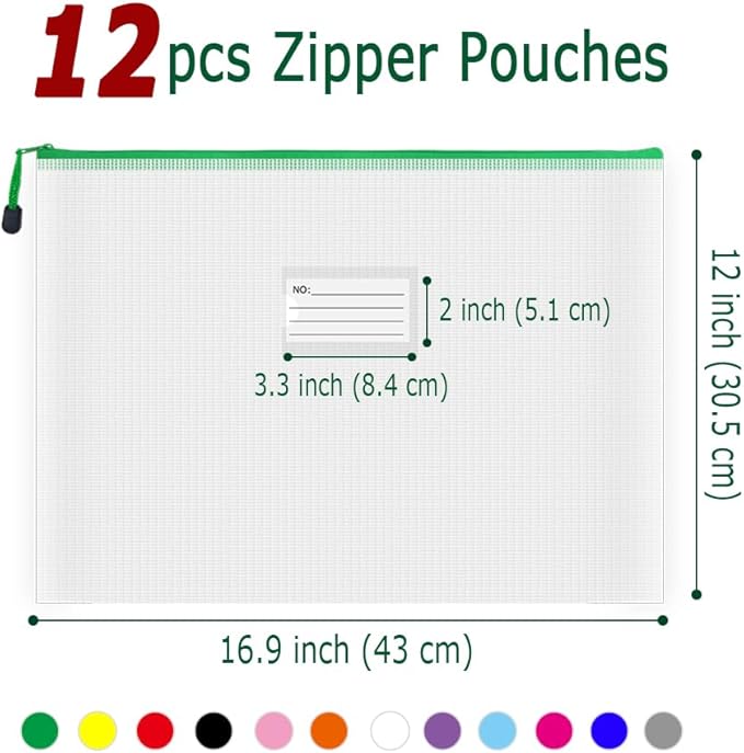 AUSTARK Plastic Mesh Zipper Pouch, 12Pcs Zipper File Bags with Label Pocket, A3 Size 16.9x12in, White