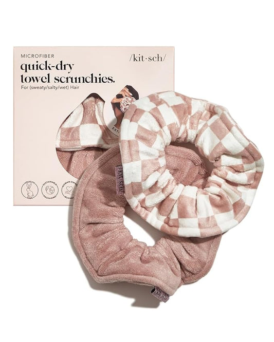Kitsch Ultra Soft Microfiber Large Hair Ties for Women - Towel Scrunchies for Wet Hair, 2 Count - Terracotta Checker