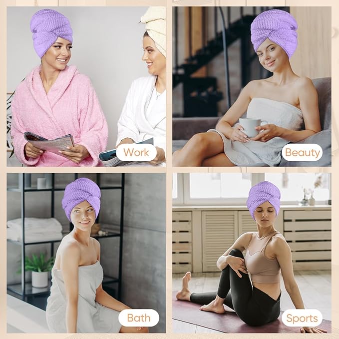 HOMEXCEL 5 Pack Microfiber Hair Towels - 40 x 20 inches Super Soft, Fast Drying Turbans for Long, Thick, Curly Hair - Anti Frizz Wrap with Elastic Strap, Purple/Blue/Grey