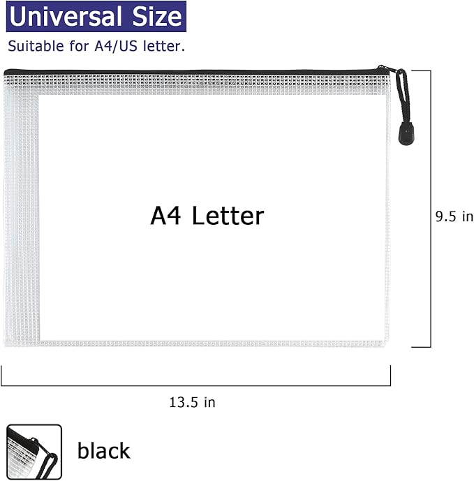 6 Pack Mesh Zipper Pouch Document Bag Waterproof Zip File Folders for School Office Supplies Travel Storage Bags (White)