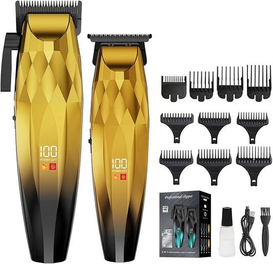 2-in-1 Professional Hair Clippers Set,Cordless Hair Clippers and T-Blade Trimmer Kit for Men,LCD Display,USB Rechargeable,Adjustable Guards,Waterproof,Beard & Body Grooming Kit (Gold)