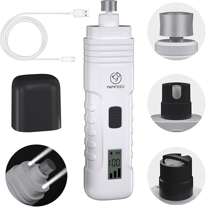 PAPIFEED Dog Nail Grinder Professional Pets, 3-Speed Electric Quiet Dog Nail Grinder, Rechargeable Dog Nail Trimmers - with 2 LED Lights/2 Grinder Wheels, for Small, Medium, (White)