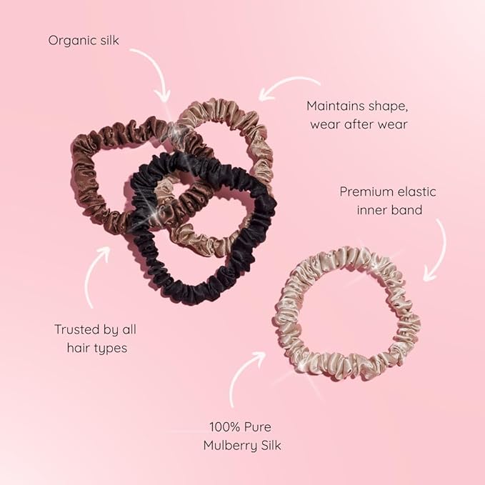 SILKIE x4 Set - Forget Satin - 100% Pure Mulberry Silk Black Brown Skinny Scrunchies Travel Pouch Everyday Hair Ties Elastics Hair Care Ponytail Holder No Damage (Chocolate)