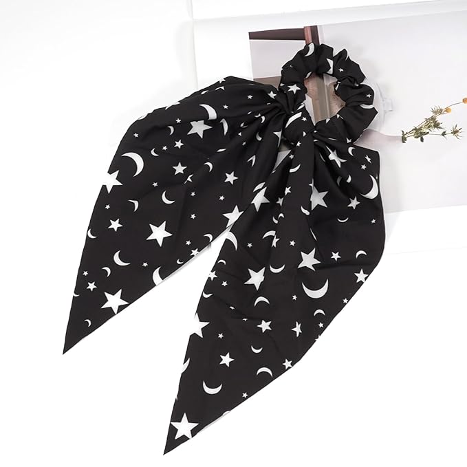 Moon Star Hair Ties for Women Girls Spooky Halloween Hair Scrunchies Black White Hair Tie Ribbon Hair Bows Halloween Party Gifts Hair Accessories