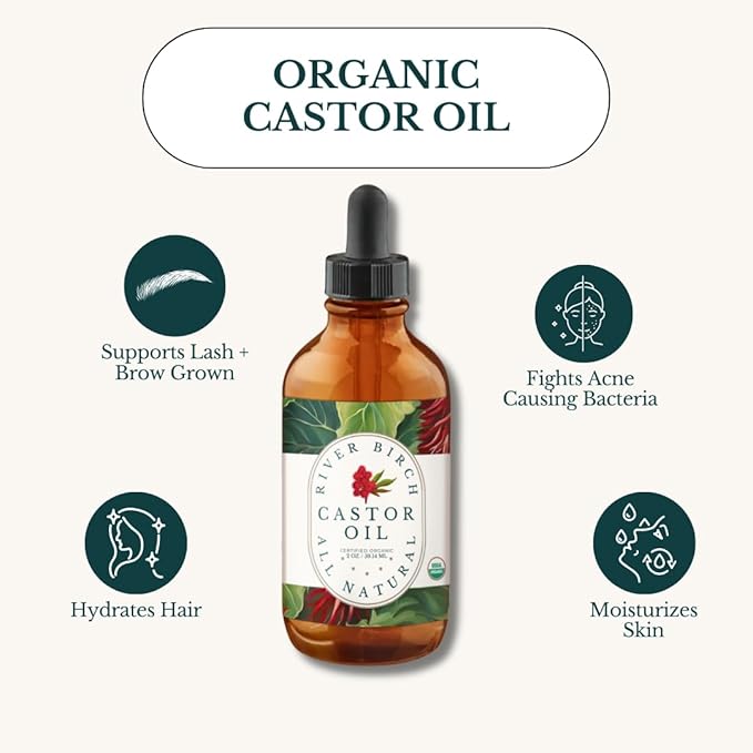 River Birch Organic Castor Oil (2oz) – 100% Pure, Unscented Organic, and Hexane-Free. Promotes Hair, Eyelash, and Eyebrow Growth. Ideal for Hair Treatments & Skin Hydration