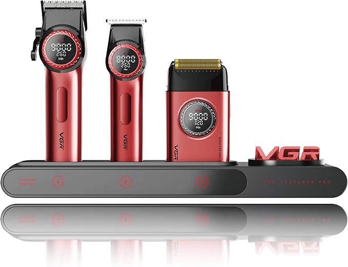 VGR 3 in 1 Professional Barber Clippers Set of Hair Clipper Trimmer Foil Shaver, Cordless Haircut Kit with Upgraded Powerful Motor, Integrated Charging Station, LED Display, Storage Box, Red