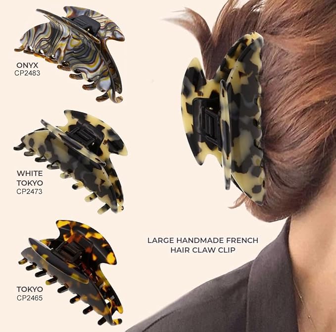 Camila Paris CP2483 French Hair Clip for Women Thick Hair for Long Curly Wavy Hair, Handmade Onyx, Girls Hair Claw Clips, Durable Styling Big Claw Clip for Thick Hair, Strong Hold Grip Made in France