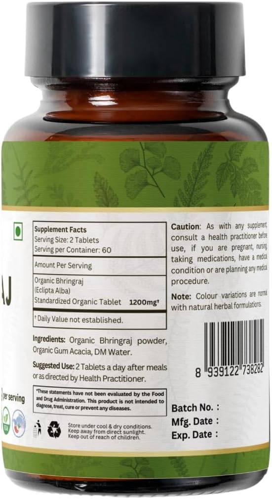 Bhringraj 120 Tablets | Eclipta Alba (Bhringraj) | USDA Organic Certified | Ayurvedic Hair Care | Organic and Natural 120tab