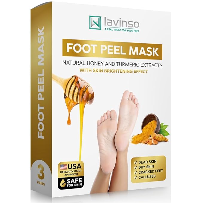 Lavinso Foot Peeling Mask Extra Strength - 3 Pack - Feet Mask for Dry Cracked Feet and Callus - with Honey and Turmeric