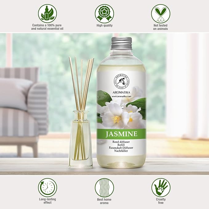 Reed Diffuser Refill With Jasmine Essential Oil 34 Fl Oz - 2x500ml - Fragrance Oil - Room Freshener - Floral Fragrance - Fresh and Long Lasting