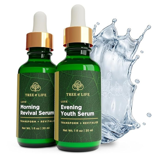 Tree of Life Facial Serum for Face - Skin Care Face Serums, Hydrating, Skin Care Duo Serums, Smooth Dry & Sensitive Skins (Luxe Morning and Evening Youth, 2 x 1oz)