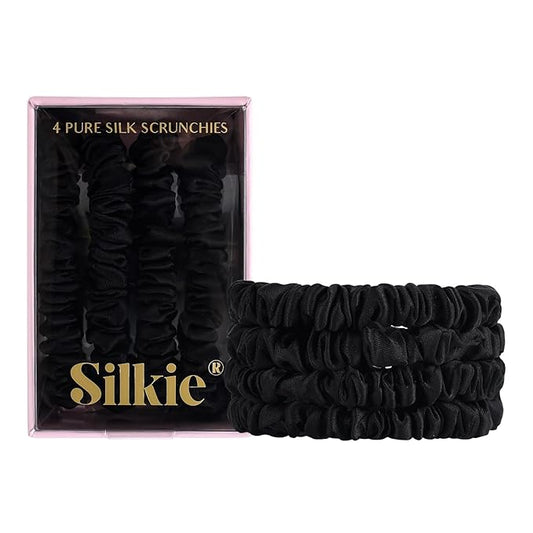 SILKIE x4 Set - Better than Satin - 100% Pure Mulberry Silk Black on Black Skinny Scrunchies Travel Pouch Everyday Hair Ties Elastics Hair Care Ponytail Holder No Damage (Noir)