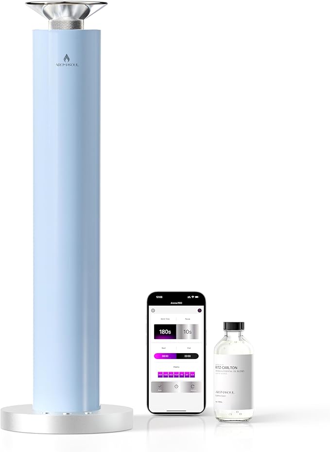 Waterless Scent Diffuser Starter Kit - Alloy Atomization System, Smart Rechargeable Hotel Scent Diffuser, 1500 Sq Ft Coverage, Including 120ml Essential Oil, for Home, Large Room, Spa, Pastel Blue