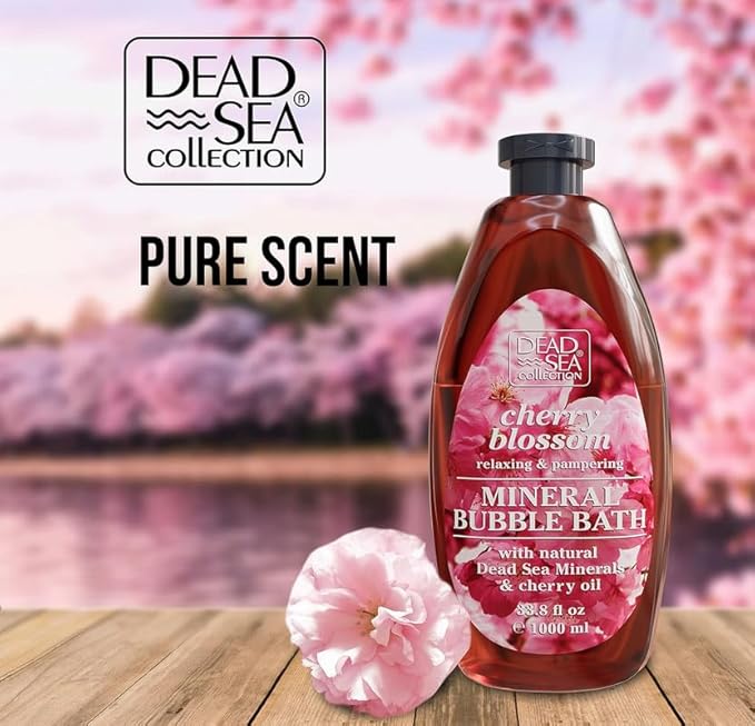 Dead Sea Collection Bubble Bath with Cherry Blossom for Women and Men – Cherry Seeds Oil and Dead Sea Salt - Nourishing and Moisturizing Skin - Pack of 2 (67.6 fl.oz)